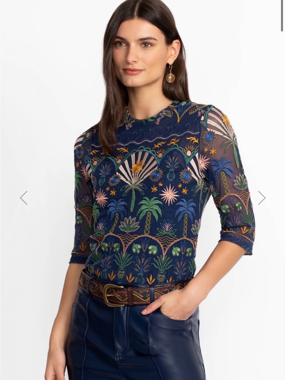 Johnny Was-Jade-Kaia mesh tee stretch Del Mar navy Embroidery elbow sleeve Sz S - Picture 15 of 15